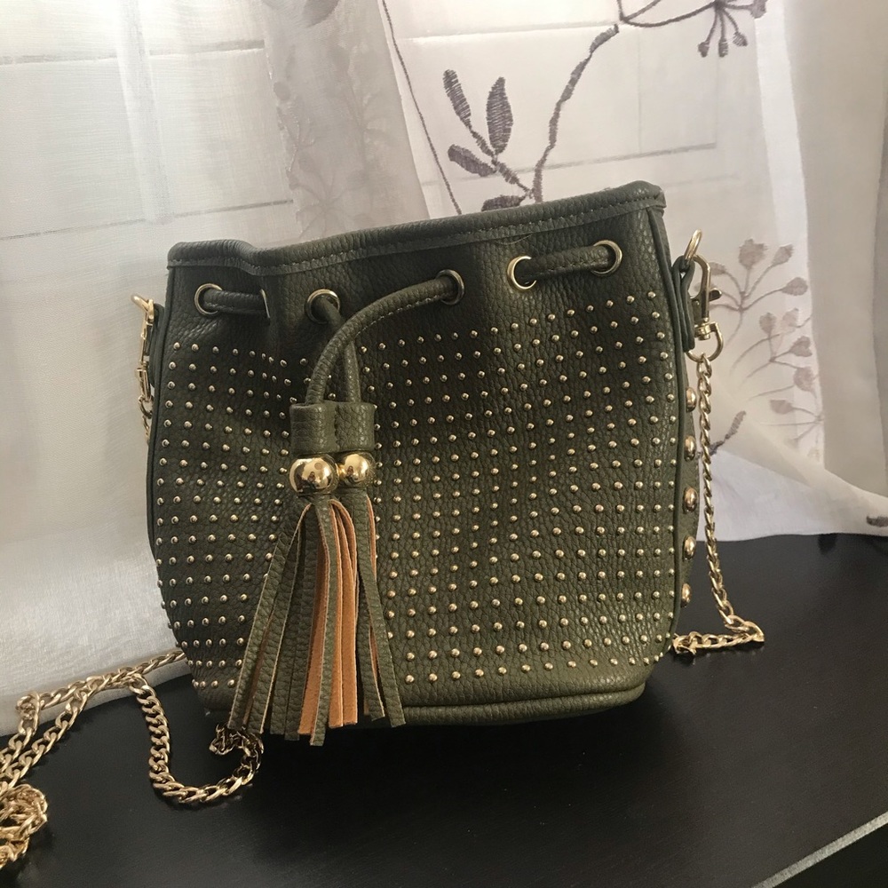 Small Studded Olive Green Bucket Bag